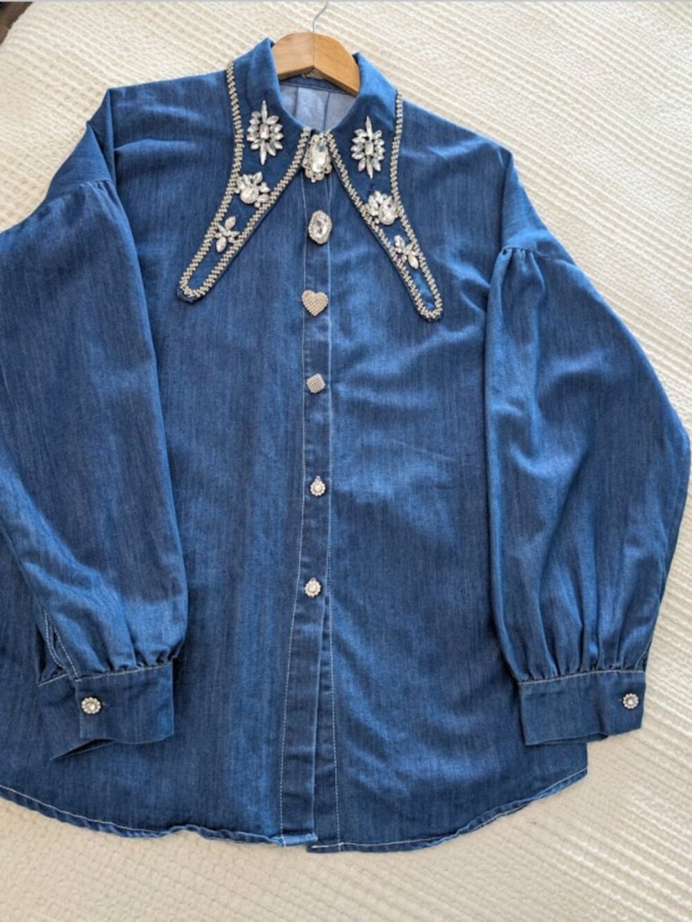 Rhinestone Denim Shirt Crystal Buttons Oversize - Picture 11 of 15